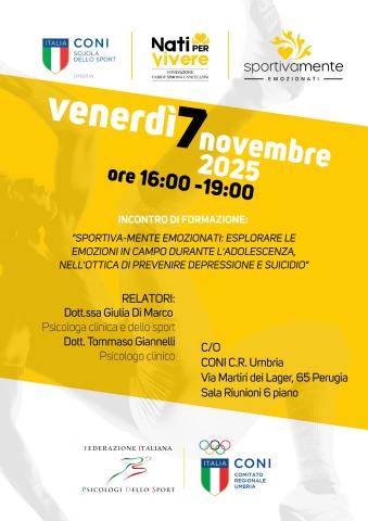 INCONTRO DI FORMAZIONE: SPORTIVA-MENTE EMOZIONATI: ESPLORARE LE EMOZIONI IN CAMPO DURANTE L'ADOLESCENZA NELL'OTTICA DI PREVENIRE DEPRESSIONE E SUICIDIO
